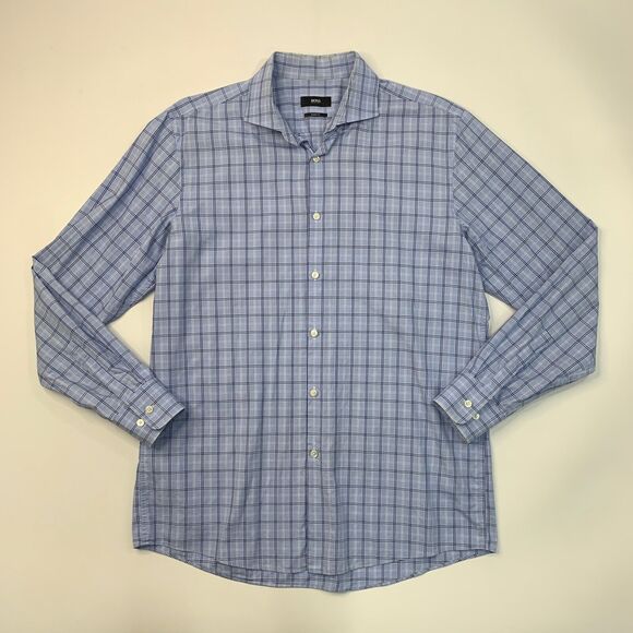 Hugo Boss Shirt Mens 16.5 Bluebell Cotton Sharp Fit Plaid Button Up Long Sleeve - Picture 2 of 10